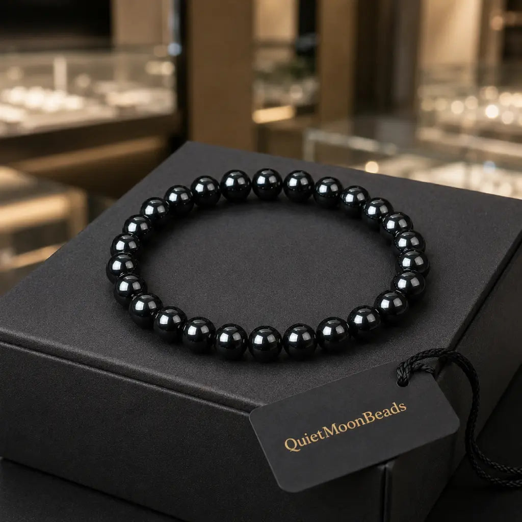 hematite bracelet in premium packaging with glossy black stone beads ideal for meaningful jewelry gifting