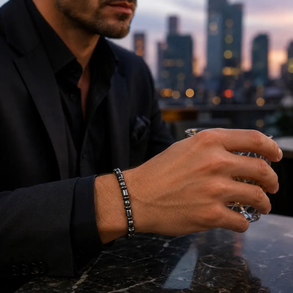 Hematite bracelet worn in urban nightlife styling showcasing premium jewelry and bold fashion appeal