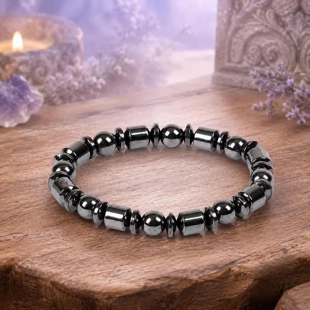 Hematite bracelet isolated with polished black gemstone beads, grounding crystal jewelry for premium style