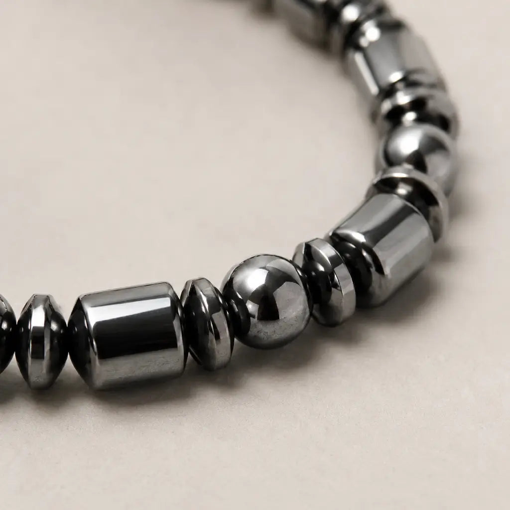 Hematite bracelet close-up showing reflective gemstone beads, grounding crystal jewelry with premium shine