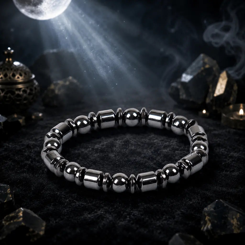 Hematite bracelet showcased with crystal accents, grounding gemstone jewelry for balanced energy and style