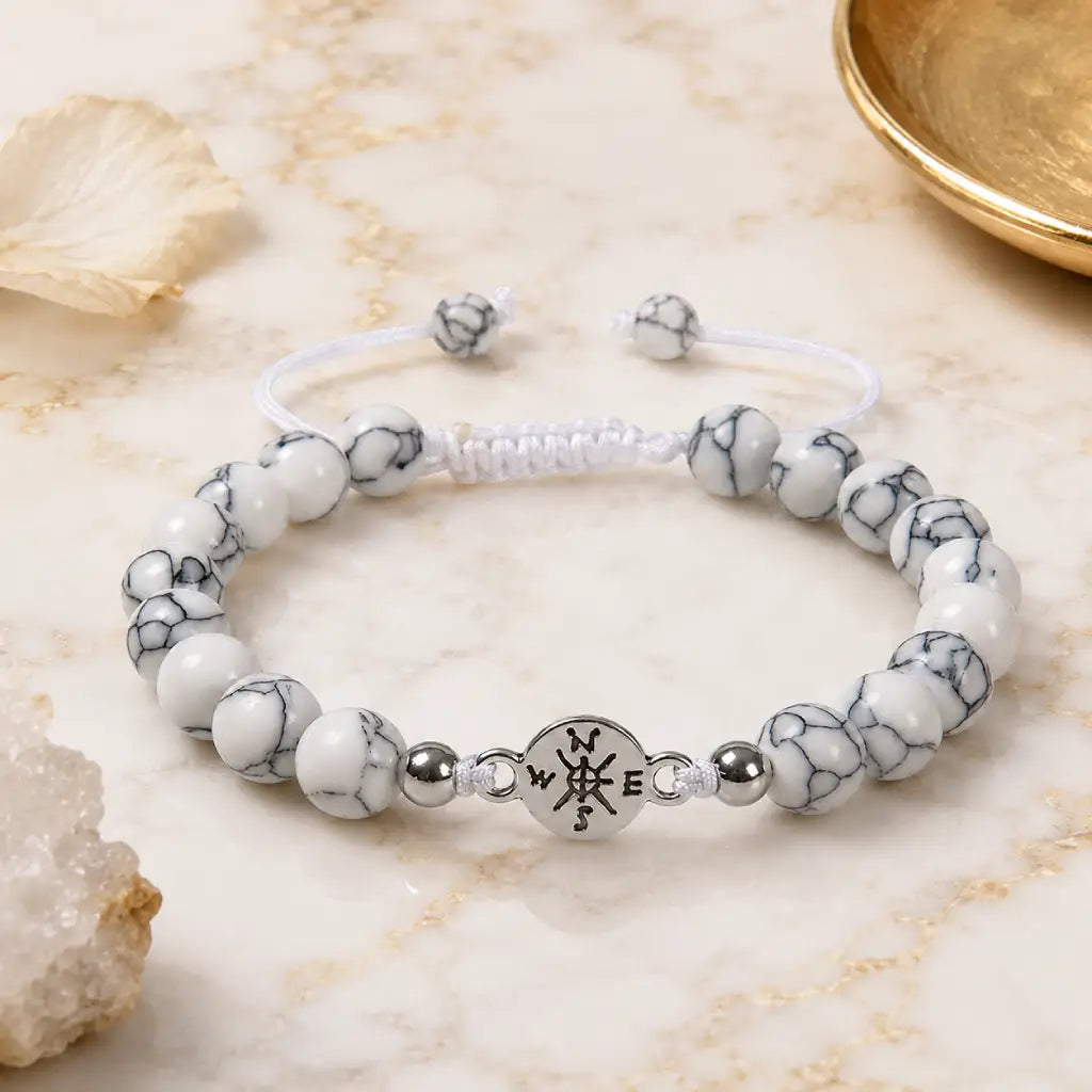 Howlite bracelet featuring polished gemstone beads and woven adjustable closure for peaceful meditation wear