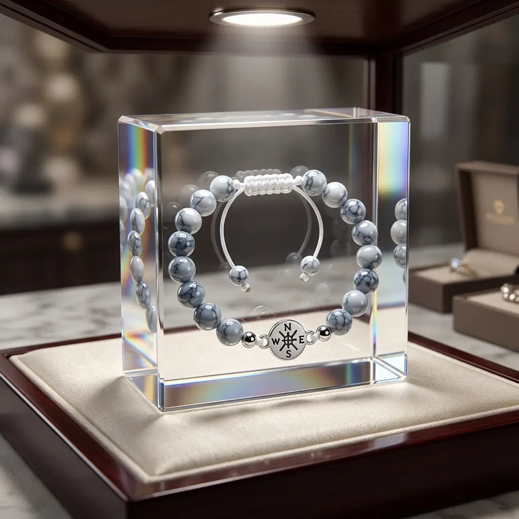 Howlite bracelet showcased in elegant luxury display box with marbled healing beads for premium gifting