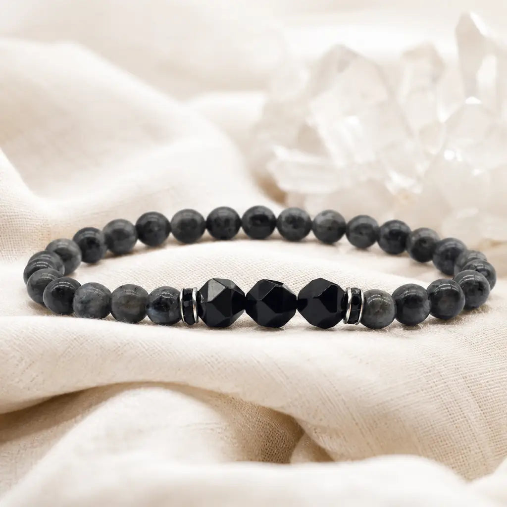Labradorite and Obsidian bracelet with polished dark beads and crystal accents for elegant spiritual style.
