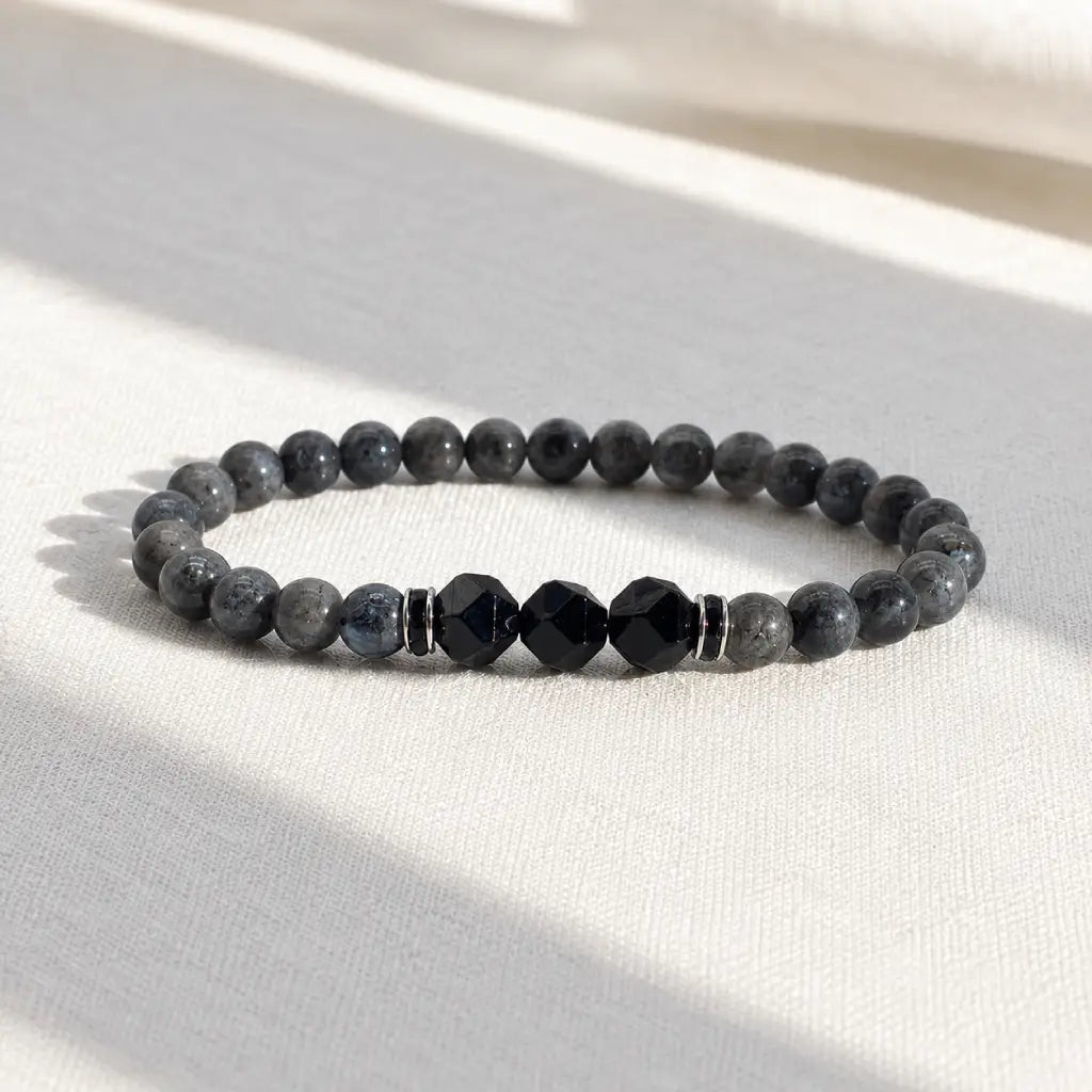 Labradorite and Obsidian bracelet featuring polished gemstone beads and faceted accents for modern luxury wear.