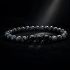 Labradorite and Obsidian bracelet with luminous gemstone beads under spotlight for bold modern energy wear.