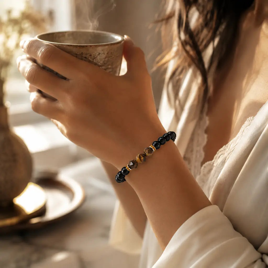 Labradorite and tiger eye bracelet styled with warm tea and soft lighting for calming everyday wellness