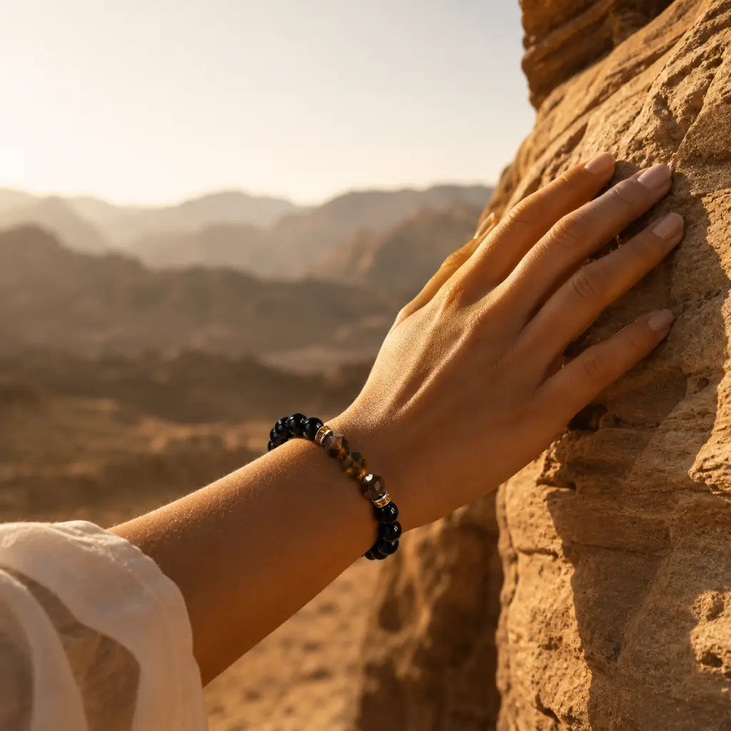 Labradorite and tiger eye bracelet on wrist beside desert rock for grounding protection and earthy style