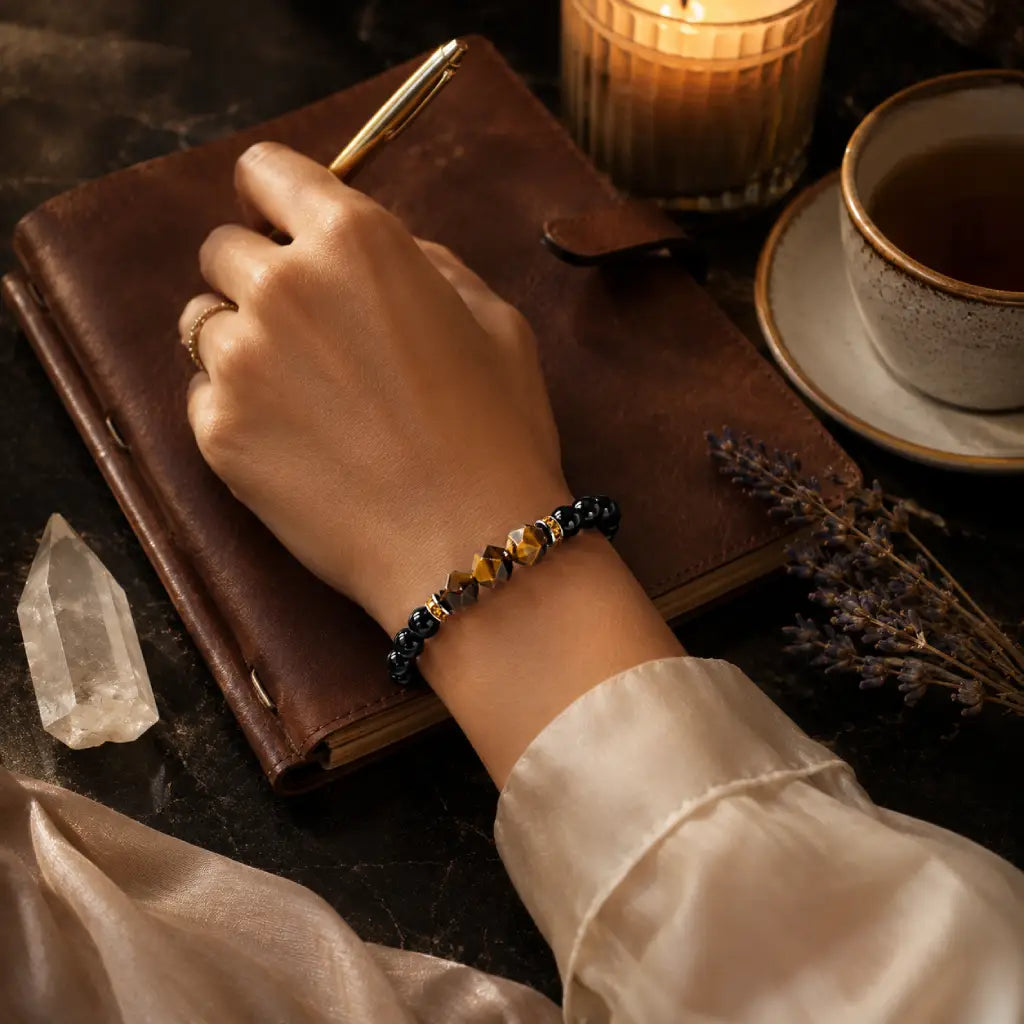 Labradorite and tiger eye bracelet beside journal, candle and crystals for mindful wellness ritual styling