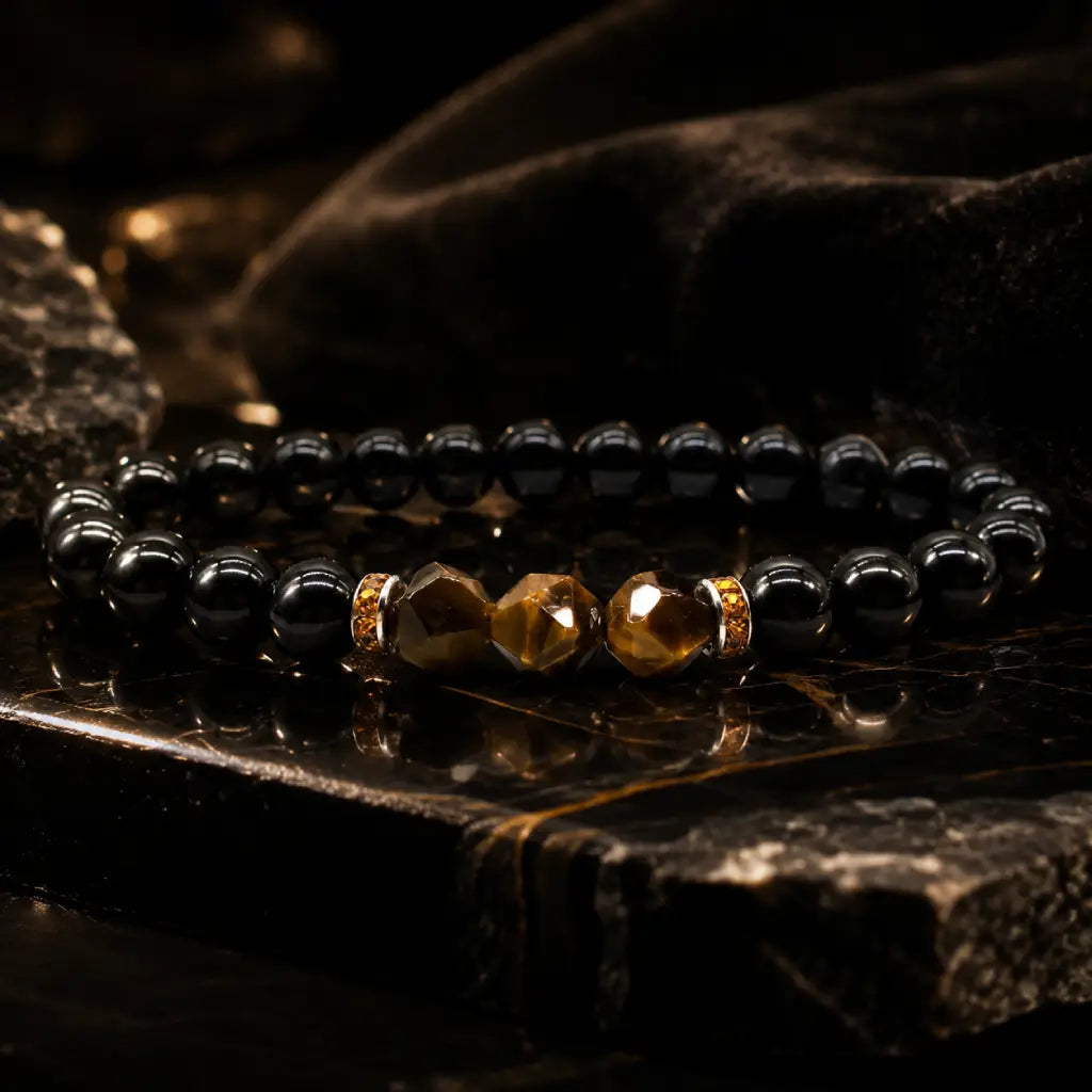 Labradorite and tiger eye bracelet with glossy black beads and faceted stones for luxurious spiritual style