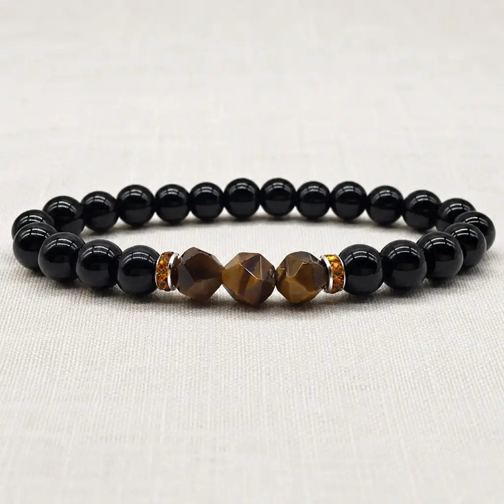 Labradorite and tiger eye bracelet on soft linen with glossy beads for minimalist crystal jewelry style