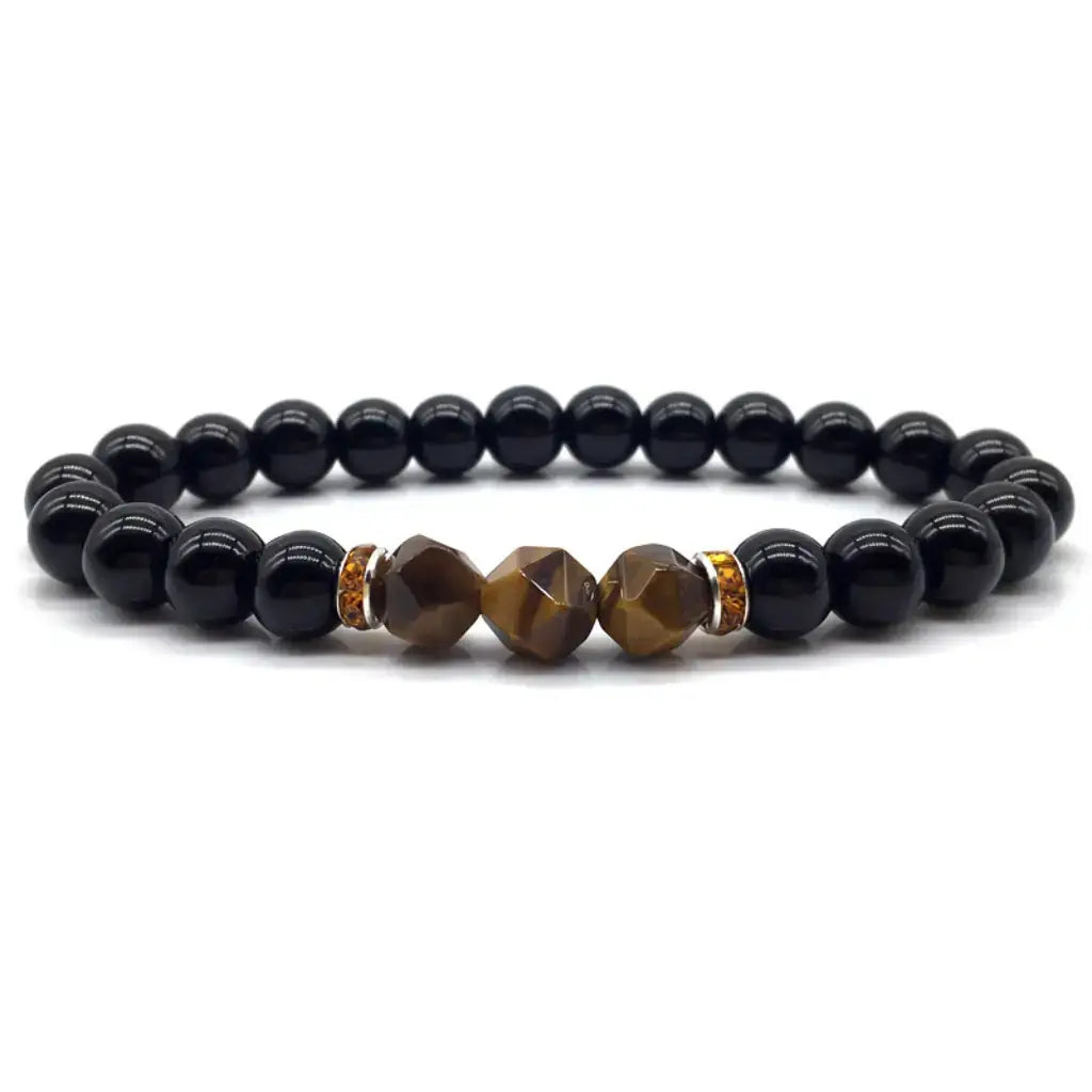 Labradorite and tiger eye bracelet with polished black onyx beads and faceted gemstones for grounding energy style