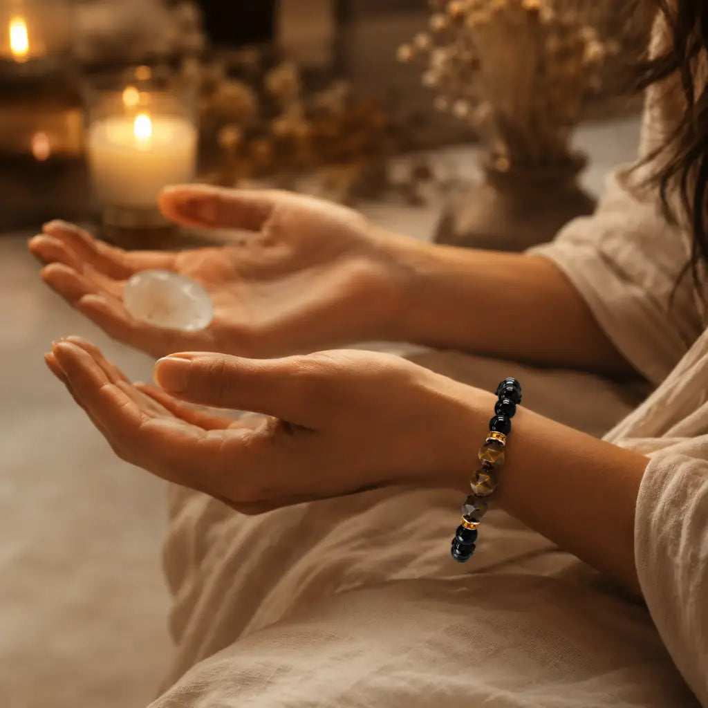Labradorite and tiger eye bracelet worn during meditation with crystal healing energy for grounding calm focus