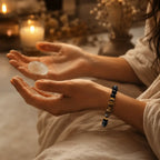 Labradorite and tiger eye bracelet worn during meditation with crystal healing energy for grounding calm focus