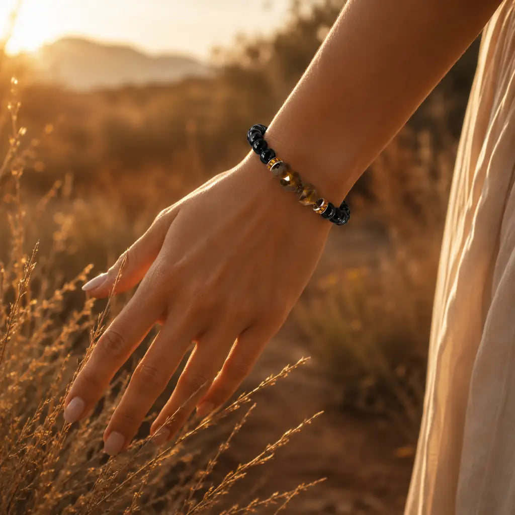 Labradorite and tiger eye bracelet worn outdoors at sunset for grounding energy and elegant boho wellness