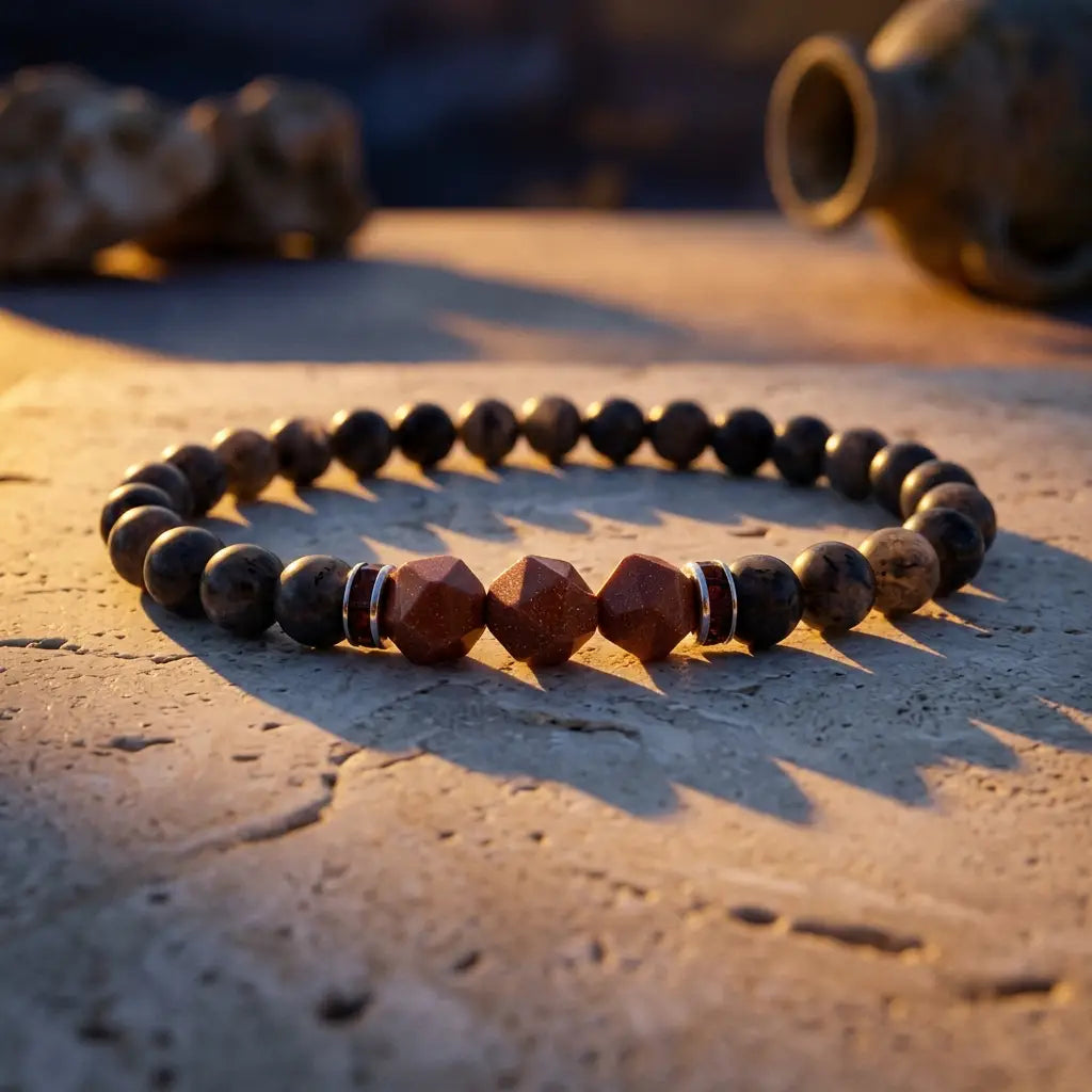 Labradorite crystal bracelet photographed in golden sunlight with faceted stones for peaceful grounding energy