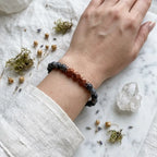 Labradorite crystal bracelet styled with clear quartz and dried herbs for spiritual protection and mindfulness