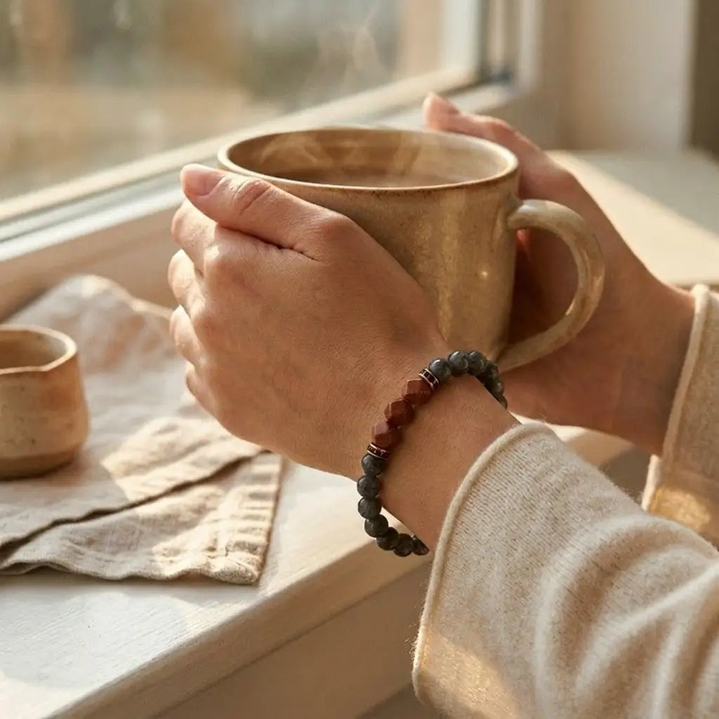 Labradorite crystal bracelet paired with warm tea by a sunny window for cozy mindful relaxation and balance