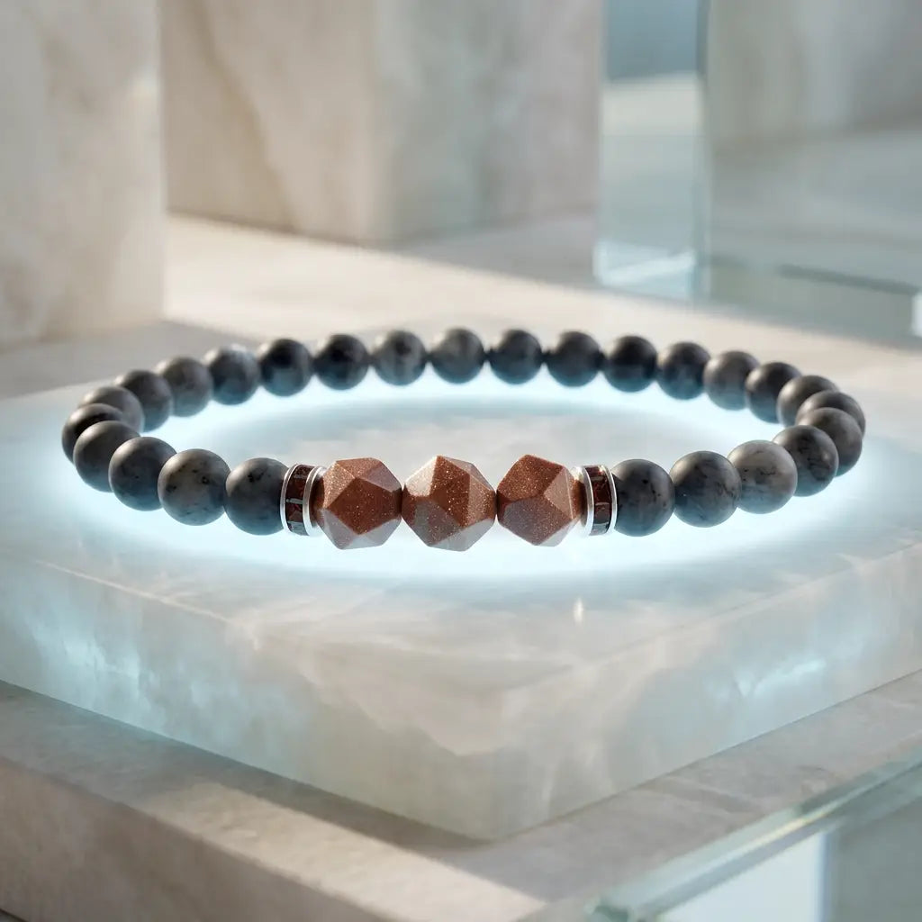 Labradorite crystal bracelet glowing on marble display with polished healing stones for spiritual balance