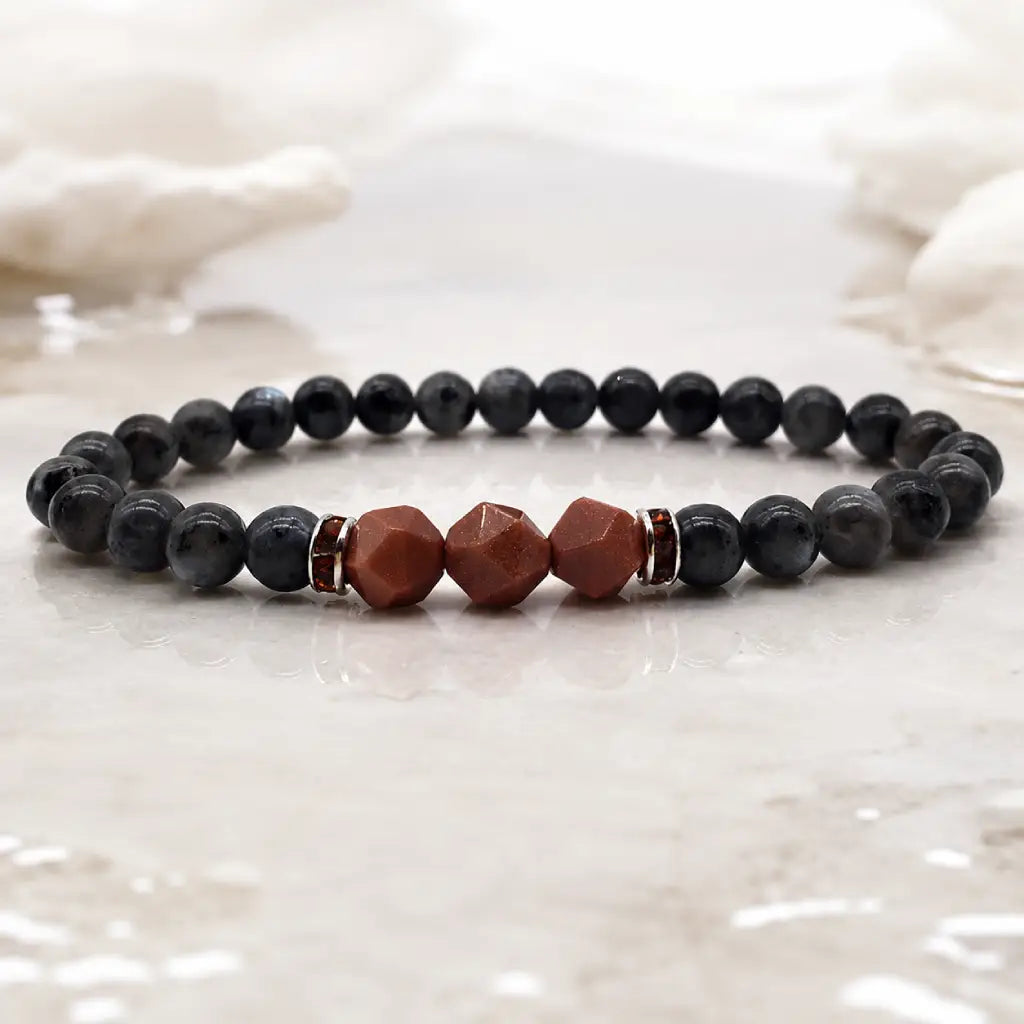 Labradorite crystal handmade bracelet with faceted center stones styled in soft spa inspired natural lighting