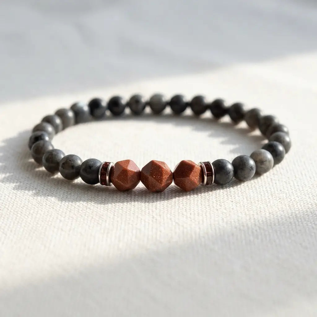 Labradorite crystal bracelet with earthy gemstone beads on neutral fabric styled for calming meditation rituals