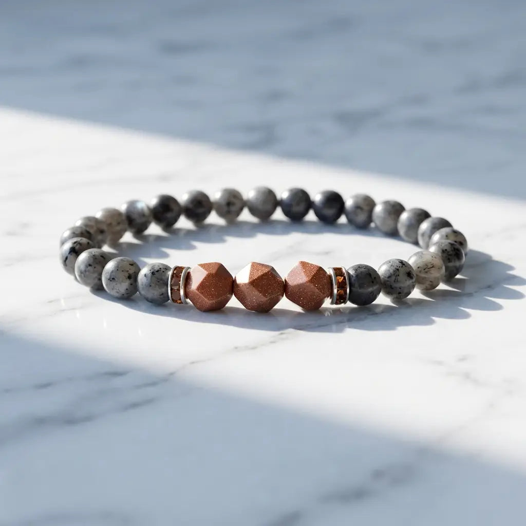 Labradorite crystal bracelet on white marble featuring geometric gemstone accents for mindful daily wear
