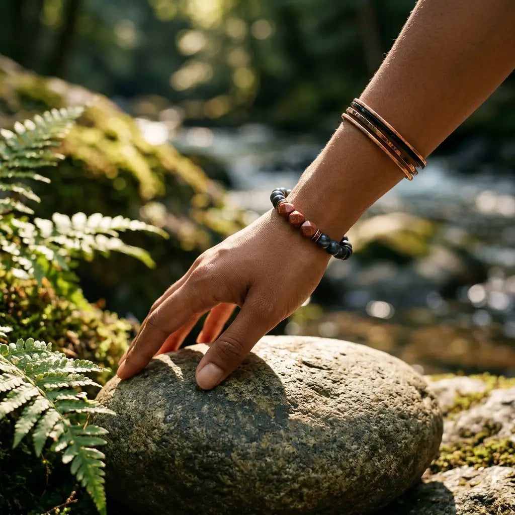 Labradorite crystal bracelet worn beside forest stream promoting grounding balance and mindful outdoor wellness