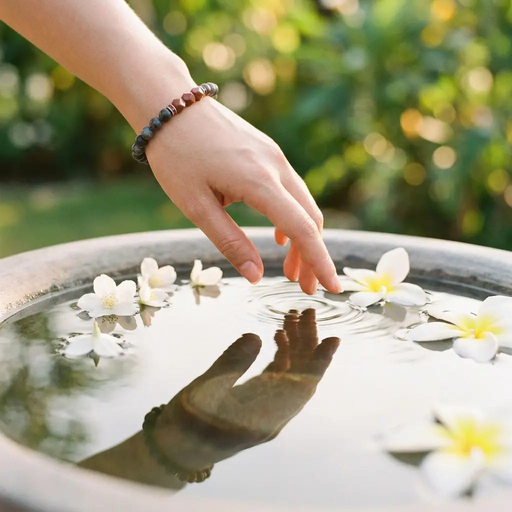 Labradorite crystal bracelet touching reflective water with flowers symbolizing healing energy and inner peace