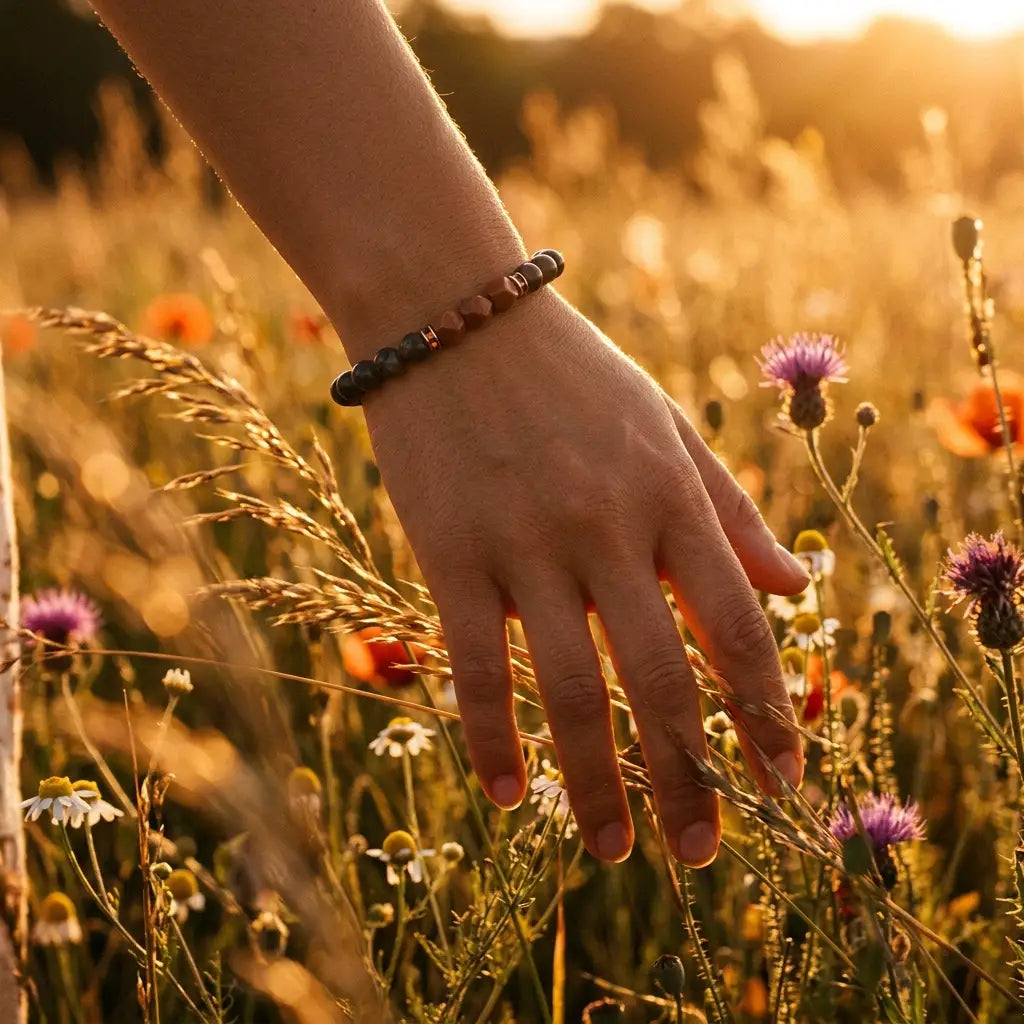 Labradorite crystal bracelet worn outdoors at golden hour symbolizing grounding energy and peaceful mindfulness