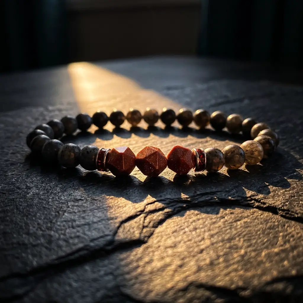 Labradorite crystal bracelet with geometric goldstone beads on dark stone surface for grounding energy balance