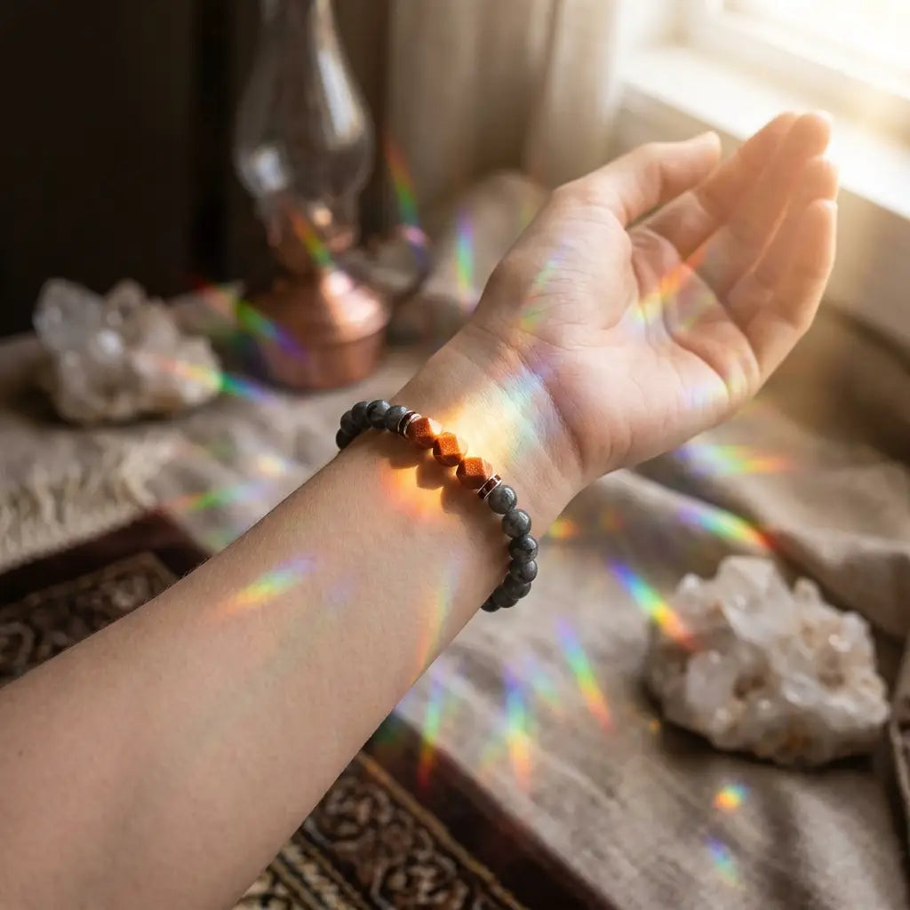 Labradorite crystal bracelet reflecting rainbow light indoors beside healing crystals for positive calming energy
