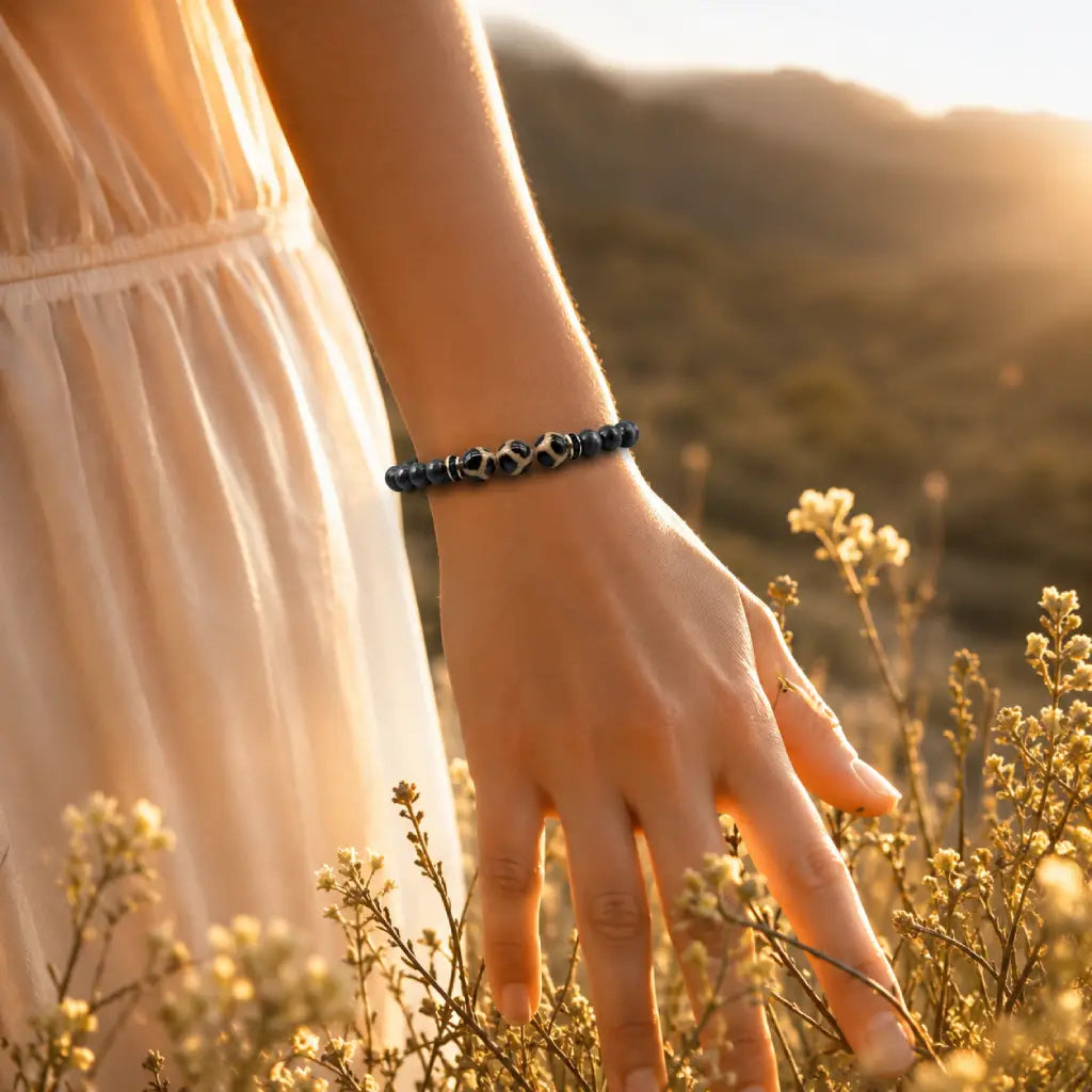 Labradorite dzi bracelet worn outdoors with black gemstone beads and golden light for calming energy balance