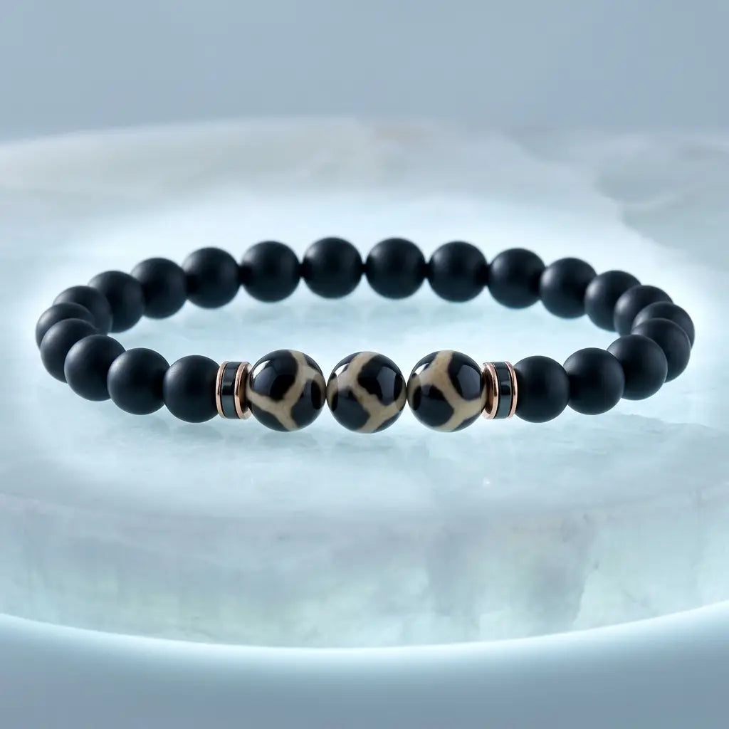 Labradorite dzi bracelet product photo with matte black beads and polished Dzi stones on white background
