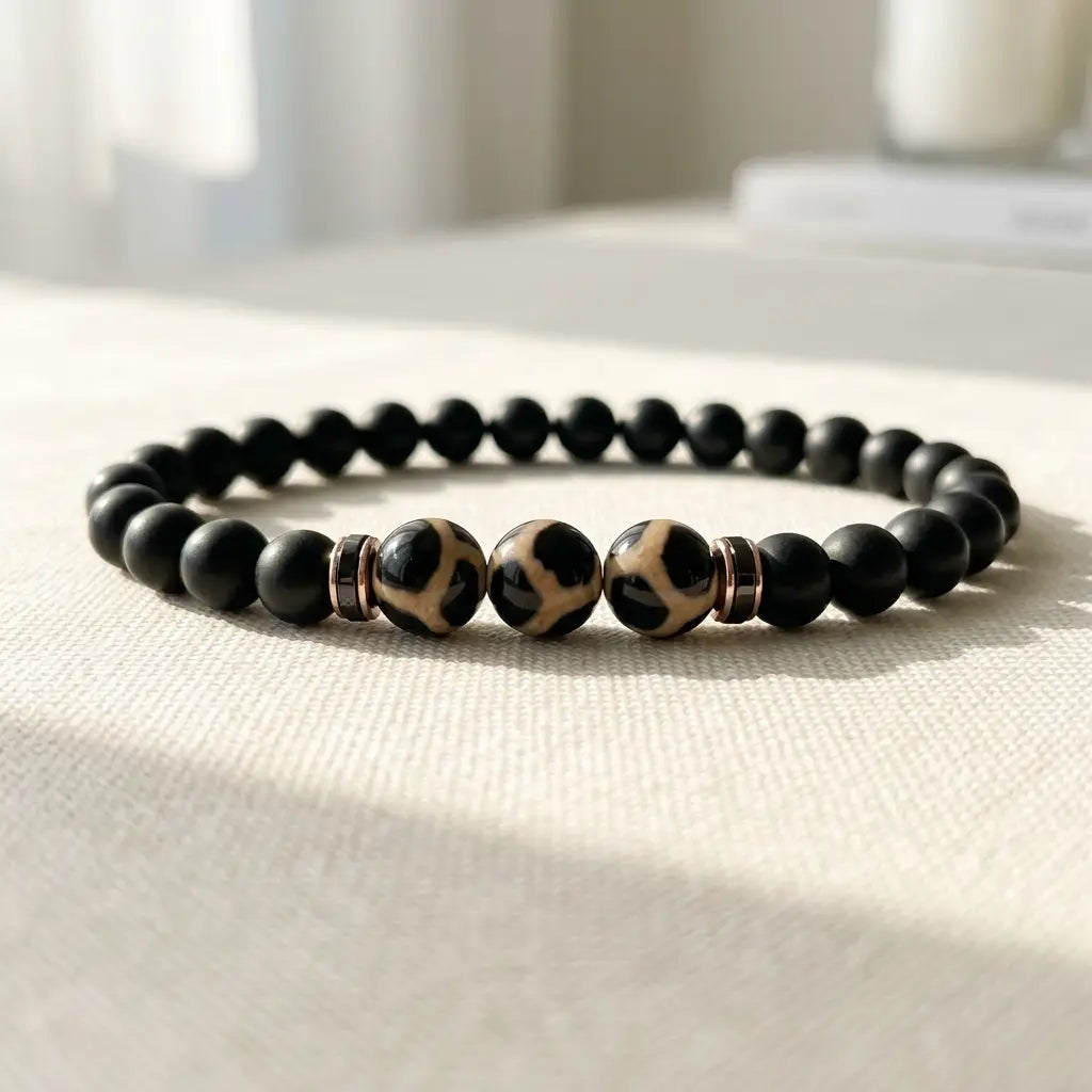 Labradorite dzi bracelet with black beads and glossy Dzi stones displayed on white crystal for calming energy