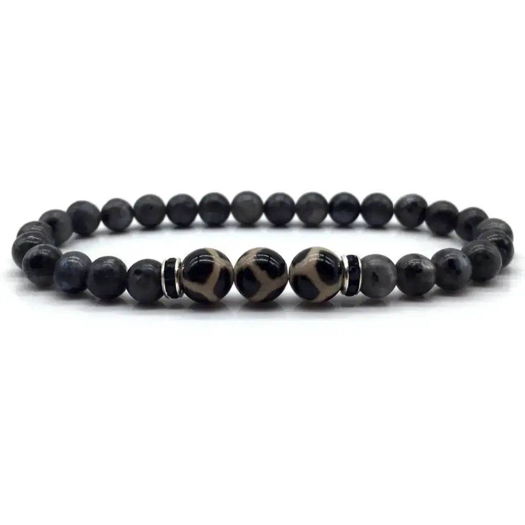 Labradorite dzi bracelet product photo with matte black beads and polished Dzi stones on clean white background