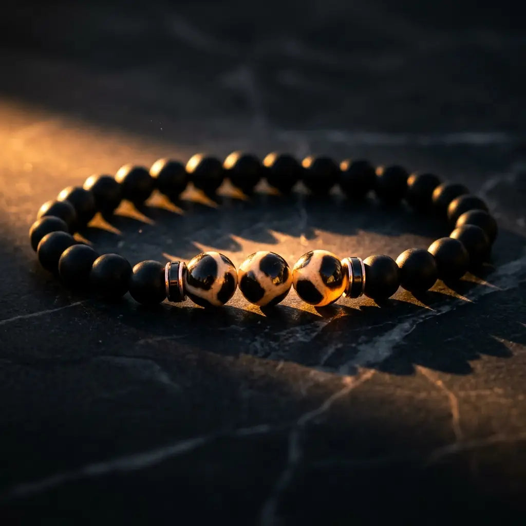Labradorite dzi bracelet on dark stone with glowing Dzi beads and matte black gems for bold spiritual fashion
