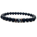 Labradorite handcrafted stretch bracelet with natural gemstone, matte black beads, and wood spacers on a white background.