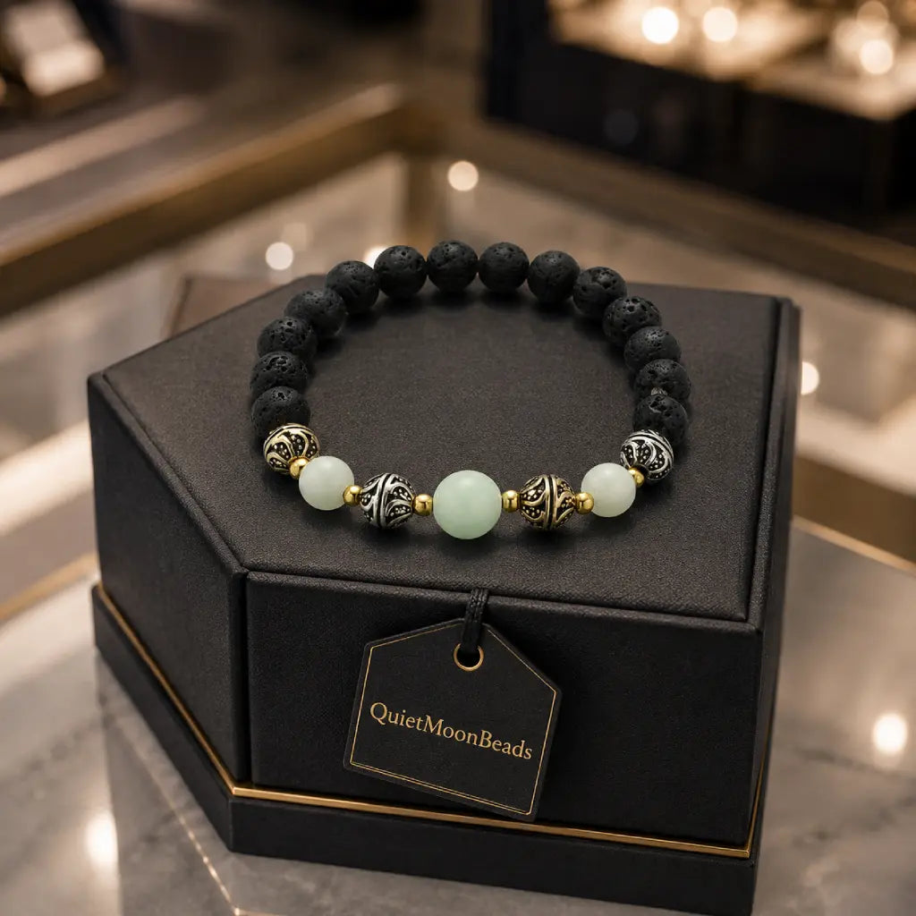 labradorite jewellery lava stone bracelet in luxury gift presentation with calming gemstone appeal