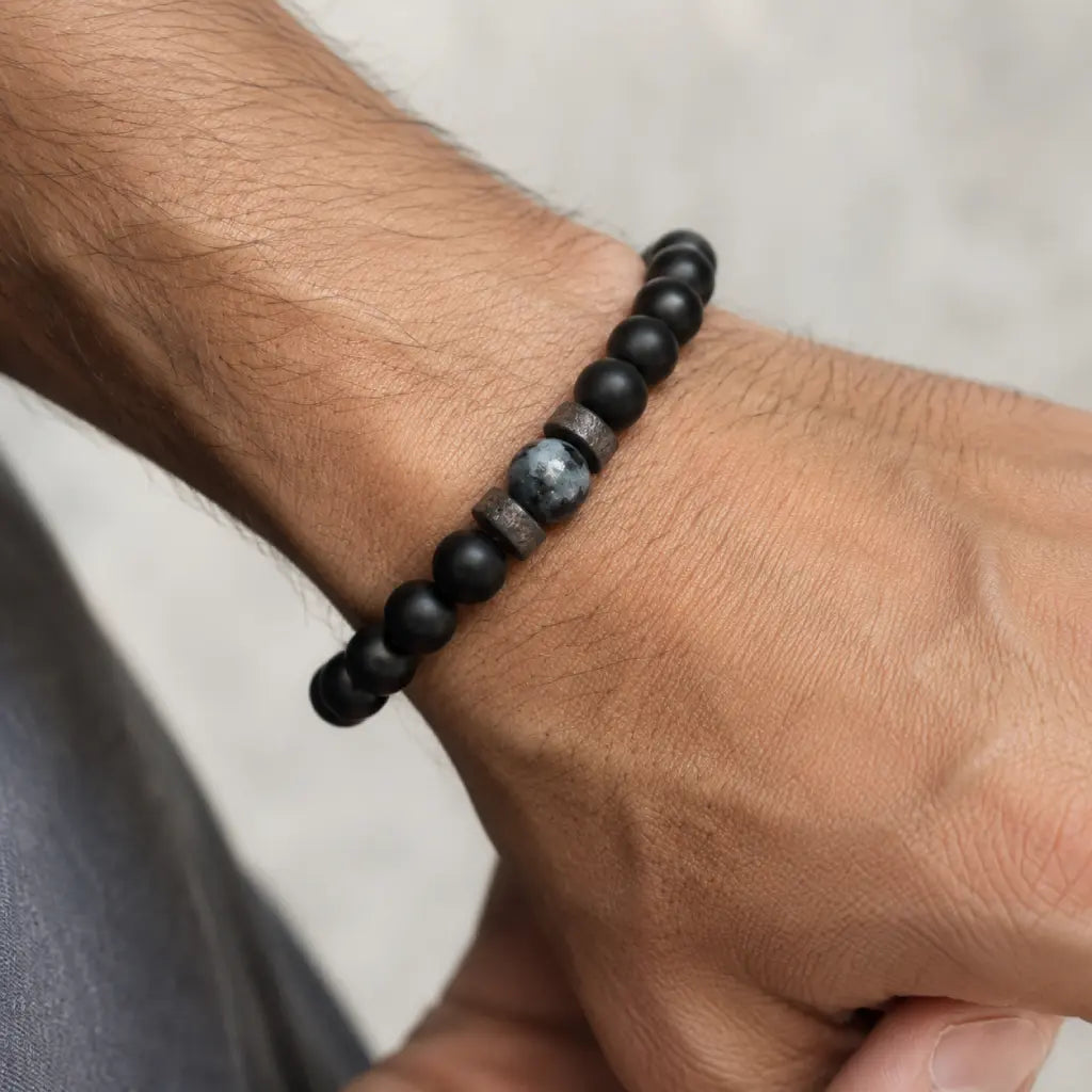 Labradorite men's bracelet featuring genuine labradorite gemstone, matte black beads, and wood spacers for everyday wear.