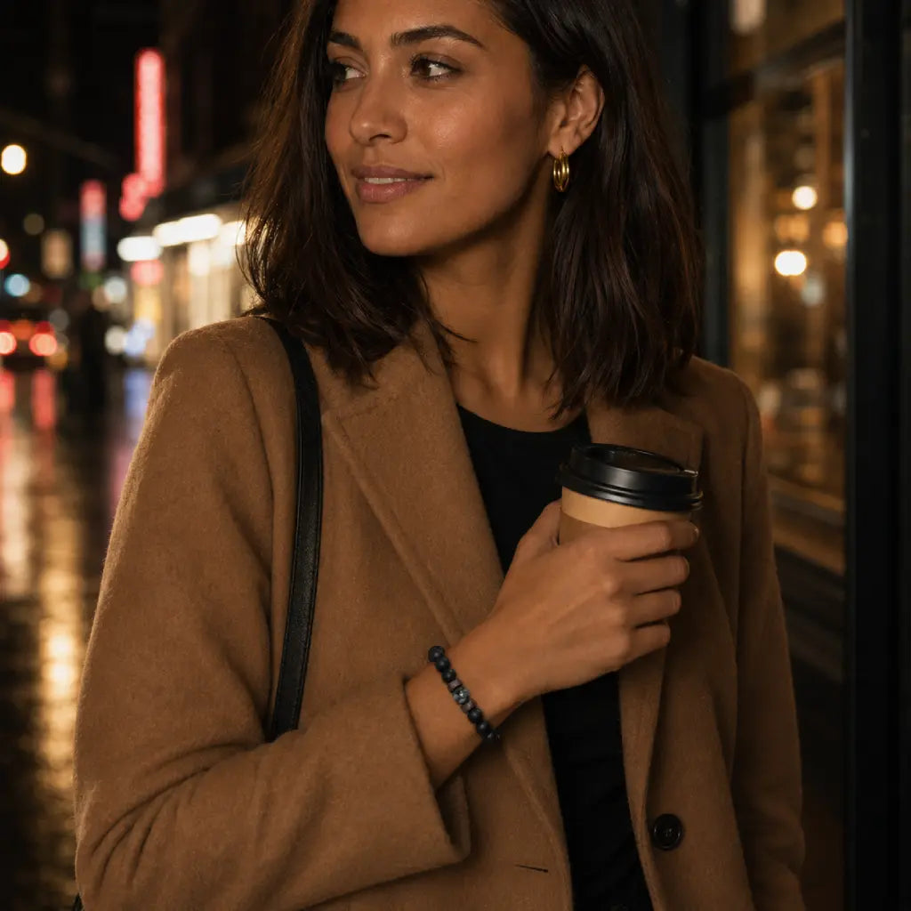 Labradorite bead bracelet worn with a camel coat featuring genuine gemstone and matte black beads for contemporary fashion.