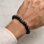 Labradorite men's bracelet featuring matte black beads, natural gemstone, and wood accents worn for modern everyday style.
