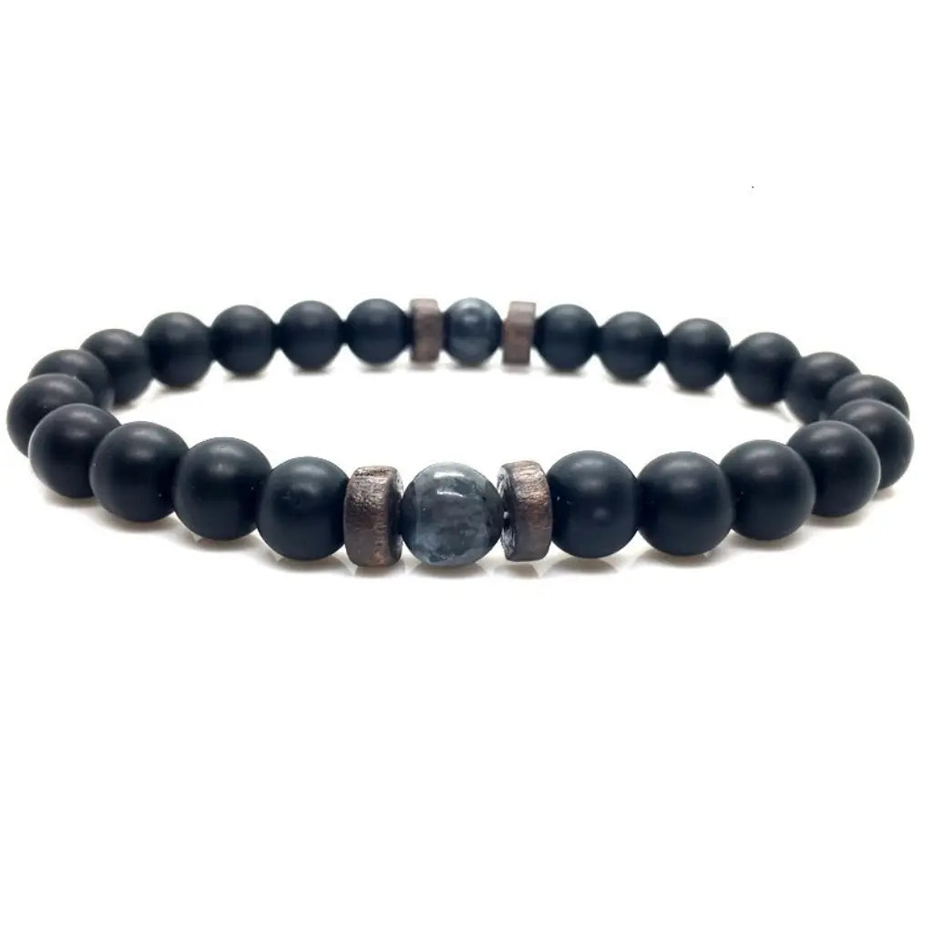 Labradorite bracelet with matte black stone beads, genuine labradorite gemstone, and wood spacers in a clean product display.