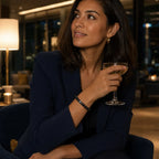 Labradorite gemstone bracelet with matte black beads styled with business attire for refined luxury everyday accessories.
