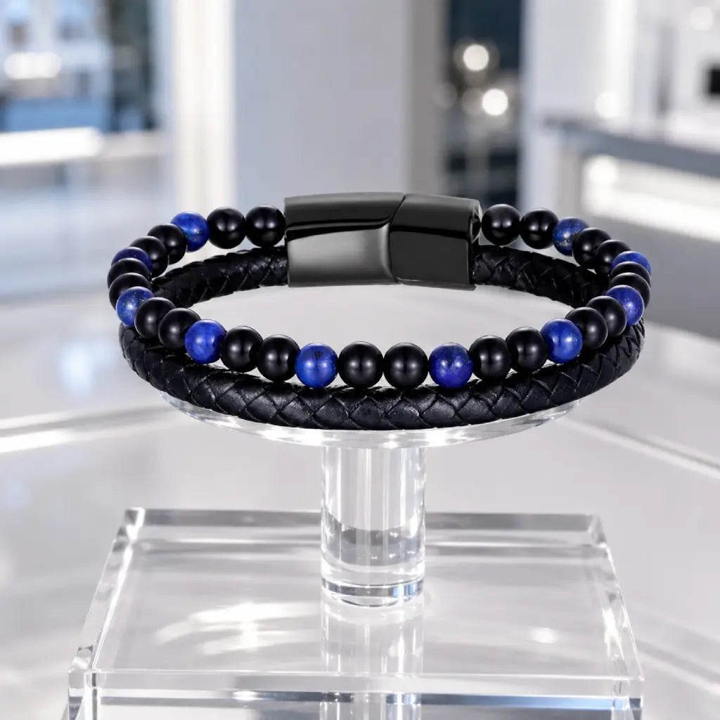 Lapis Lazuli bracelet with braided leather and premium gemstone beads creates elegant style appeal