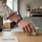 Lapis lazuli bracelet worn at a cafe, blue gemstone bead jewelry adding refined style to an everyday coffee moment