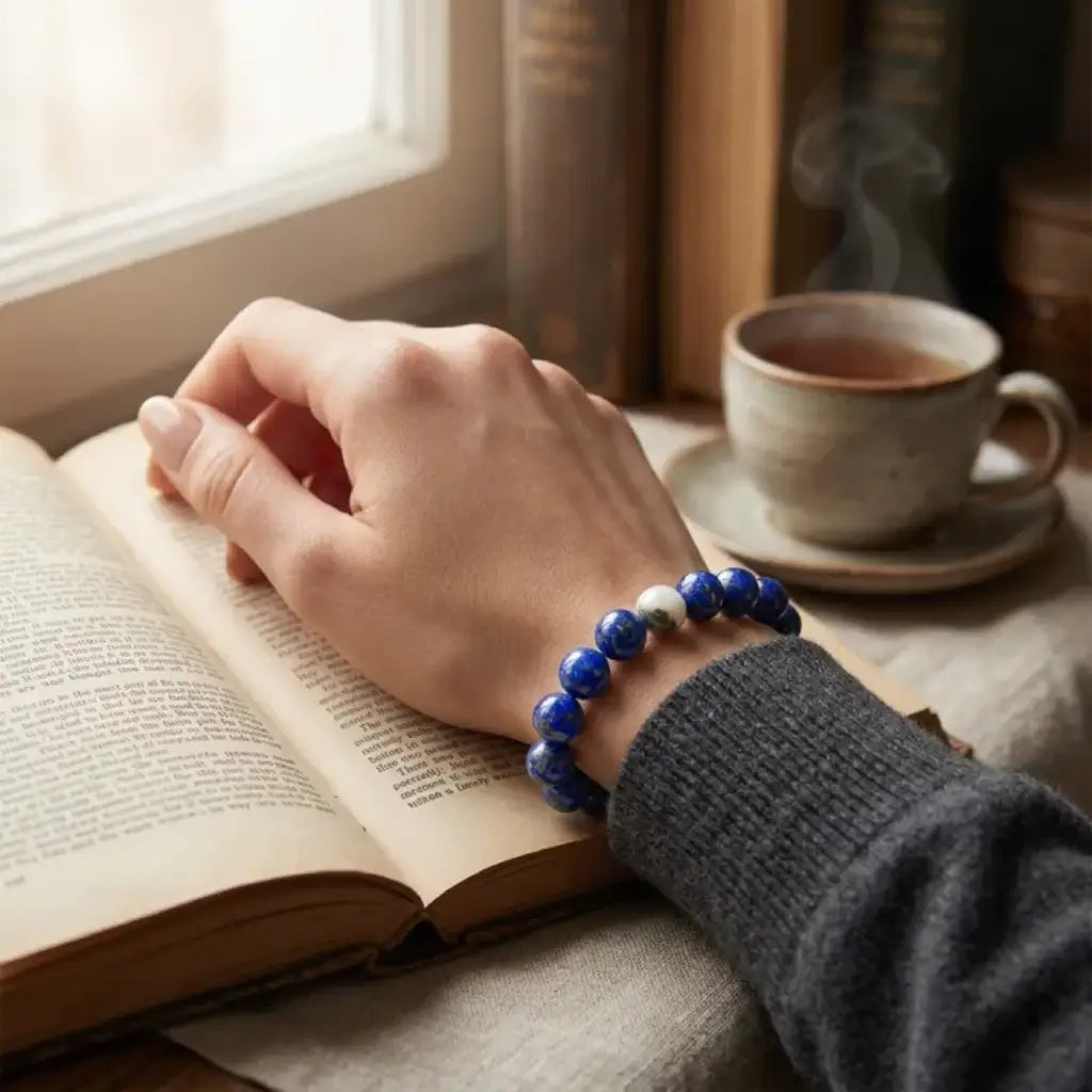 Lapis lazuli bracelet while reading by tea, polished healing crystal jewelry for a cozy mindful ritual daily