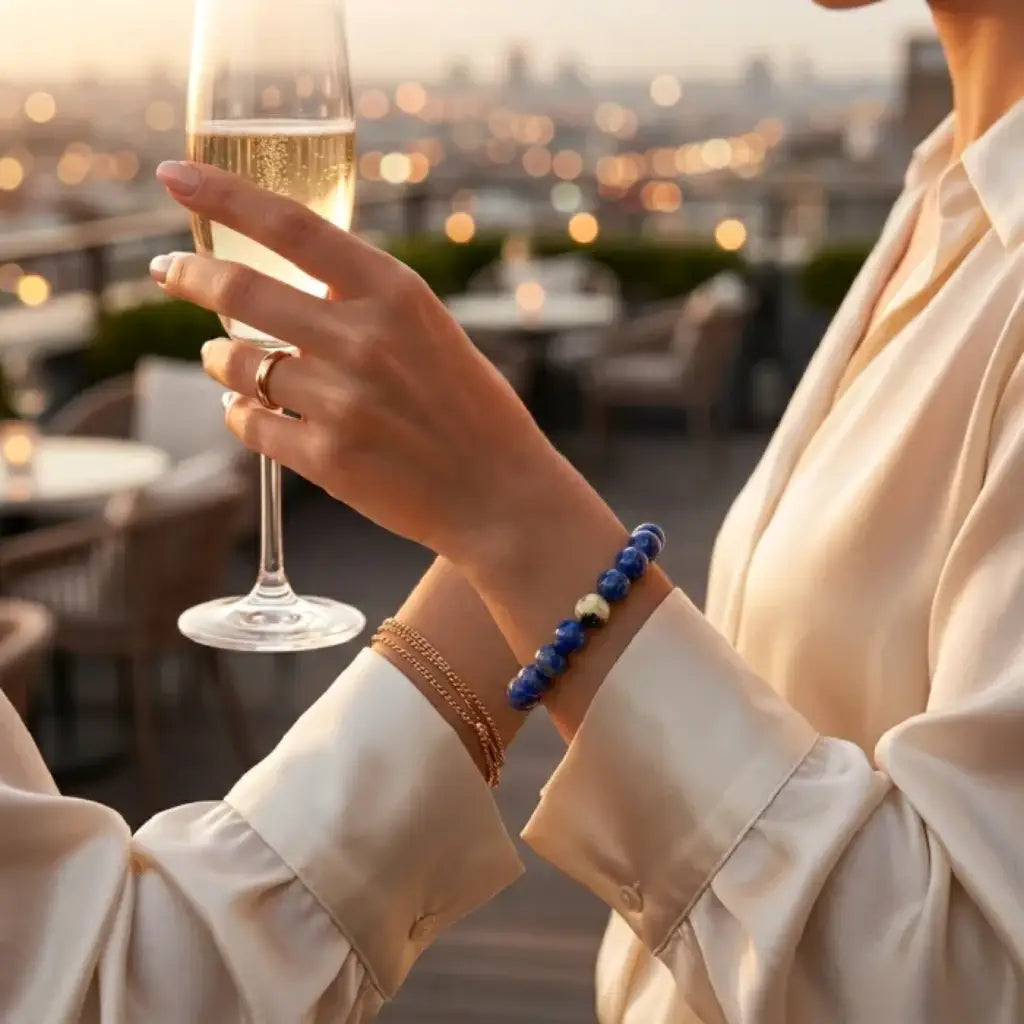 Lapis lazuli bracelet worn at sunset with champagne, elegant gemstone jewelry for elevated evening style looks