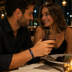 Lapis Lazuli onyx bracelet worn during a romantic dinner, featuring matte black onyx beads, blue lapis lazuli stone, and rustic spacer accents.