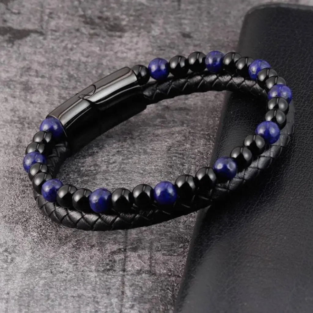 Lapis Lazuli bracelet with braided leather and polished gemstone beads creates bold luxury style appeal
