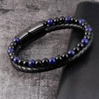 Lapis Lazuli bracelet with braided leather and polished gemstone beads creates bold luxury style appeal